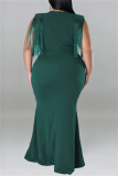 Green Casual Plus Size Solid Tassel Patchwork V Neck Long Dress
