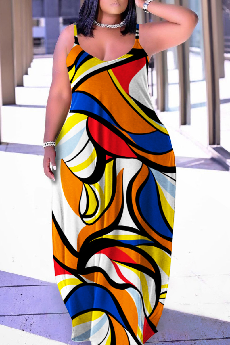 Multicolor Sexy Casual Print Backless Spaghetti Strap Long Dress Plus ...