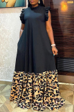 Black Vintage Elegant Print Leopard Patchwork Long Dress Plus Size Dresses