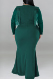 Green Sexy Solid Tassel Patchwork V Neck Straight Plus Size Dresses