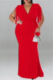 Red Casual Plus Size Solid Tassel Patchwork V Neck Long Dress