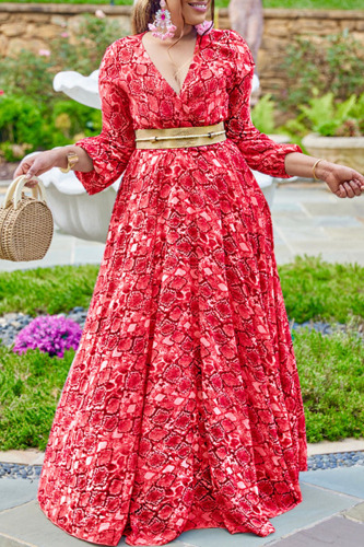 Red Casual Sweet Print Patchwork V Neck Plus Size Dresses