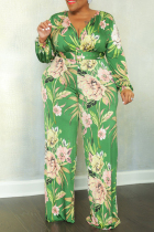Grass Green Casual Print Patchwork V Neck Plus Size Jumpsuits