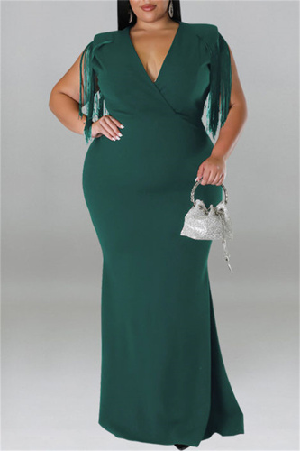 Green Casual Plus Size Solid Tassel Patchwork V Neck Long Dress