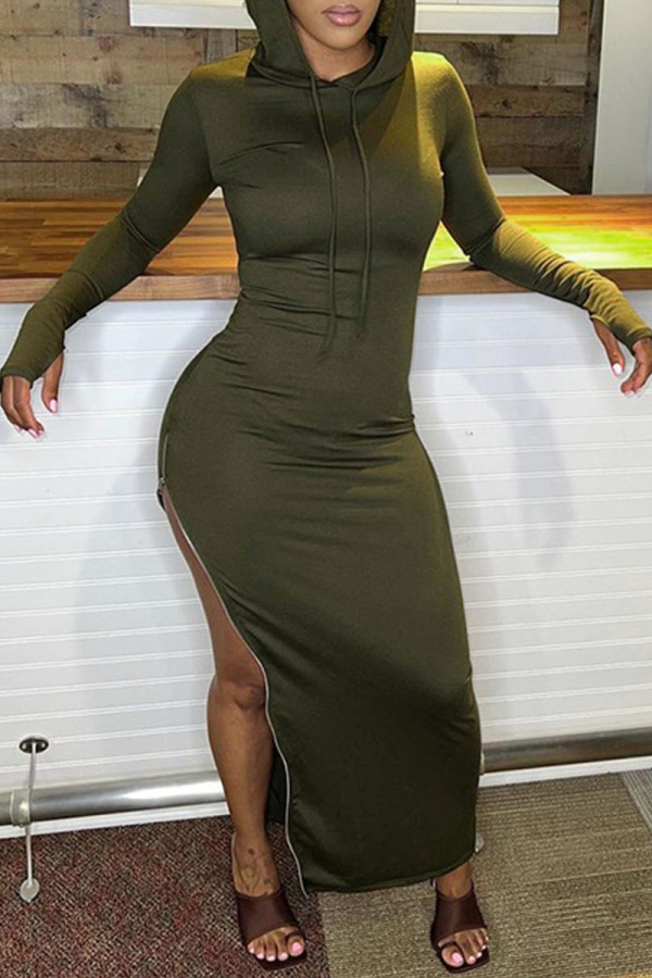 Army Green Casual Solid Patchwork Slit Zipper Hooded Collar One Step Skirt Dresses