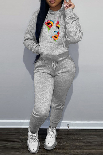 Grey Casual Print Patchwork Hooded Collar Long Sleeve Two Pieces