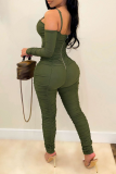 Olive Green Sexy Solid Fold Spaghetti Strap Skinny Jumpsuits