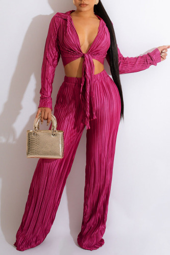 Fuchsia Sexy Solid Patchwork Fold V Neck Long Sleeve Two Pieces