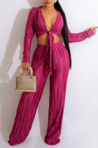 Fuchsia Sexy Solid Patchwork Fold V Neck Long Sleeve Two Pieces