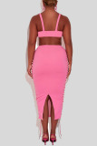Pink Sexy Solid Patchwork Backless Spaghetti Strap Pencil Skirt Dresses
