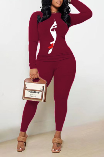 Burgundy Casual Print Patchwork O Neck Long Sleeve Two Pieces
