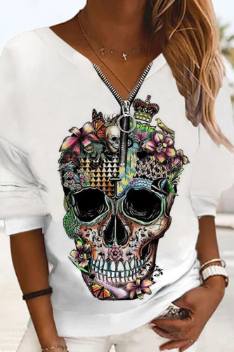 White Black Its Fall Y'All Halloween Skull Pumpkin Print Zipped V Neck Long Sleeve Loose Sweatshirt