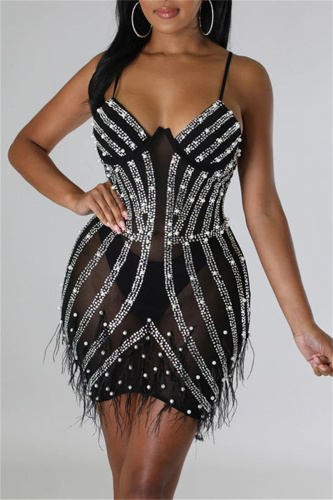 Black Sexy Patchwork Hot Drilling See-through Backless V Neck Sling Dress Dresses