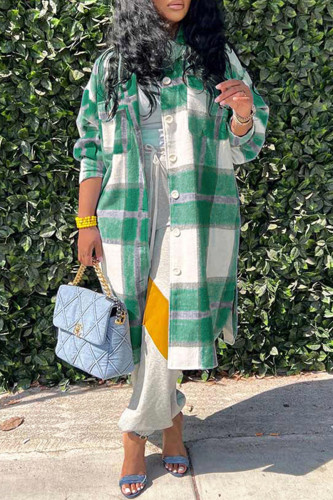 Green Casual Plaid Print Patchwork Cardigan Turndown Collar Outerwear