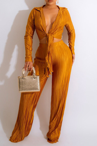 Earth Yellow Sexy Solid Patchwork Fold V Neck Long Sleeve Two Pieces