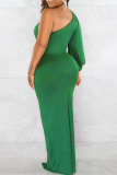 Green Sexy Casual Solid Backless Slit Oblique Collar Long Sleeve Dresses