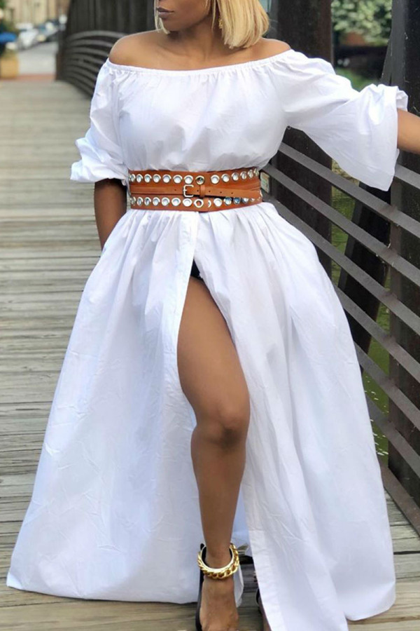 White Casual Solid Patchwork Slit Fold Off the Shoulder Straight Dresses(Without Belt)