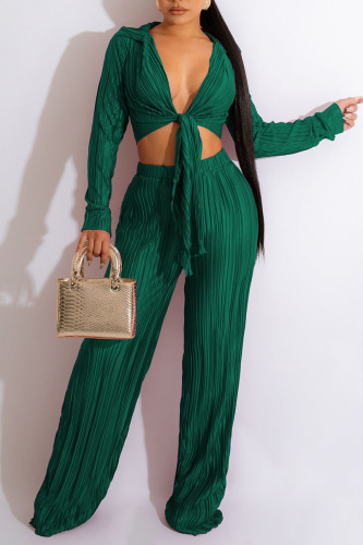 Green Sexy Solid Patchwork Fold V Neck Long Sleeve Two Pieces