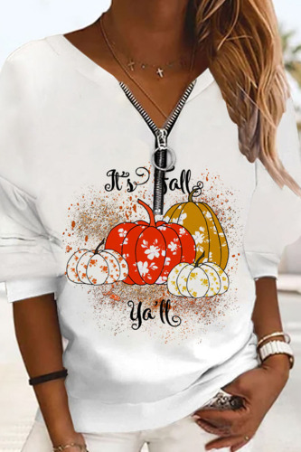 White Orange Its Fall Y'All Halloween Skull Pumpkin Print Zipped V Neck Long Sleeve Loose Sweatshirt