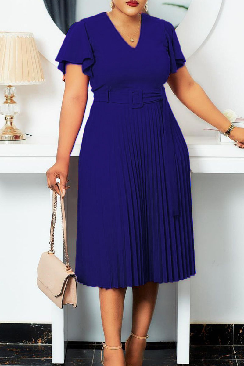 Royal Blue Elegant Solid Patchwork V Neck Pleated Plus Size Dresses ...
