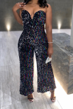 Black Sexy Patchwork Sequins Strapless Boot Cut Jumpsuits