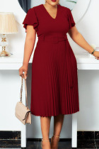 Red Elegant Solid Patchwork V Neck Pleated Plus Size Dresses