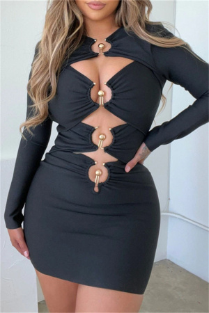 Black Sexy Casual Solid Hollowed Out Patchwork O Neck Long Sleeve Dresses