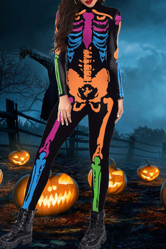 Orange Halloween 3D Skull Print Turtleneck Long Sleeve Cosplay Stretch Skinny Catsuit Jumpsuit Bodysuit