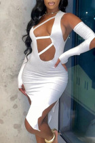 White Sexy Solid Patchwork Asymmetrical Asymmetrical Collar Irregular Dress Dresses