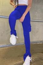 Blue Casual Solid Patchwork Slit Skinny High Waist Trousers