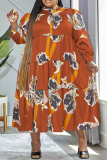 Light Coffee Casual Print Patchwork O Neck Long Sleeve Plus Size Dresses