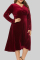 Burgundy Casual Solid Patchwork V Neck Long Sleeve Plus Size Dresses