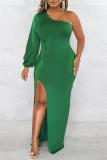 Green Sexy Casual Solid Backless Slit Oblique Collar Long Sleeve Dresses