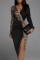 Black Casual Print Patchwork Slit V Neck Long Sleeve Dresses