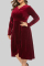 Burgundy Casual Solid Patchwork V Neck Long Sleeve Plus Size Dresses