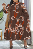 Orange Casual Print Patchwork O Neck Long Sleeve Plus Size Dresses