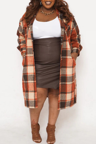 Orange Casual Plaid Patchwork Turndown Collar Plus Size Overcoat