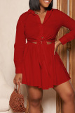 Red Sexy Solid Bandage Hollowed Out Patchwork Buckle Turndown Collar A Line Dresses
