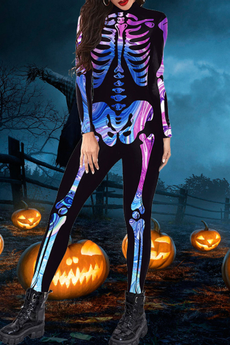 Blue Purple Halloween 3D Skull Print Turtleneck Long Sleeve Cosplay Stretch Skinny Catsuit Jumpsuit Bodysuit