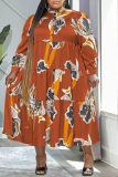Baby Blue Casual Print Patchwork O Neck Long Sleeve Plus Size Dresses