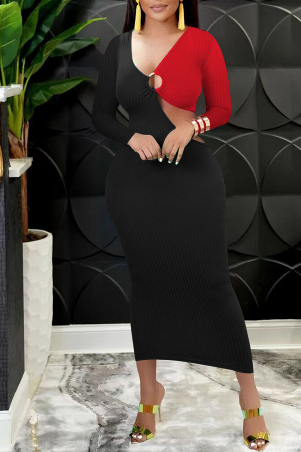 Black Sexy Solid Hollowed Out Patchwork V Neck Pencil Skirt Dresses