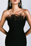 Black Sexy Solid Patchwork Feathers Strapless One Step Skirt Dresses