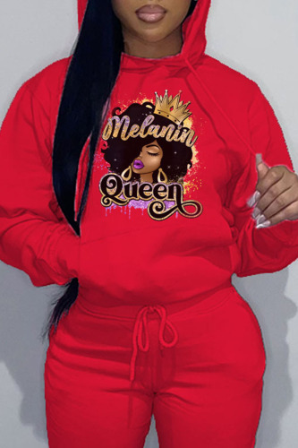 Red Casual Print Patchwork Hooded Collar Tops