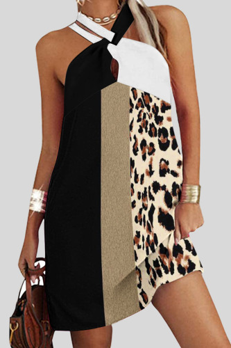 Leopard Print Sexy Print Patchwork Halter A Line Dresses