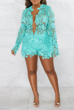 Light Blue Sexy Solid Lace V Neck Long Sleeve Two Pieces