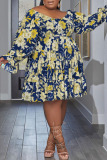 Yellow Casual Print Patchwork O Neck Long Sleeve Plus Size Dresses