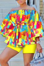 Yellow Casual Print Patchwork Off the Shoulder Long Sleeve Two Pieces
