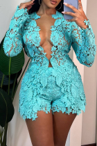 Light Blue Sexy Solid Lace V Neck Long Sleeve Two Pieces