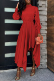 Red Casual Solid Patchwork Asymmetrical Half A Turtleneck A Line Dresses