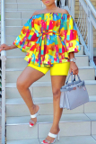 Yellow Casual Print Patchwork Off the Shoulder Long Sleeve Two Pieces